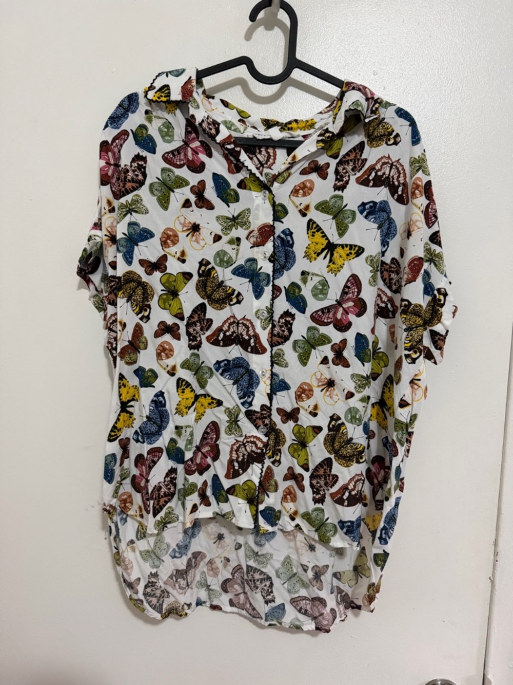 Jane and Delancey White Button-Up Blouse with Multicolor Butterfly Print